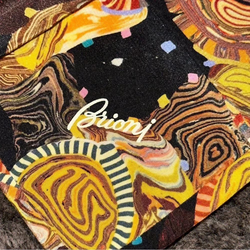 Brioni 100% Silk Black Multicolor Trippy Astronomical Handkerchief Tie OS Indie